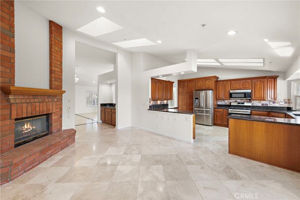 Fireplace, Interior, Kitchen, Recessed Lighting, Stainless Steel Appliances