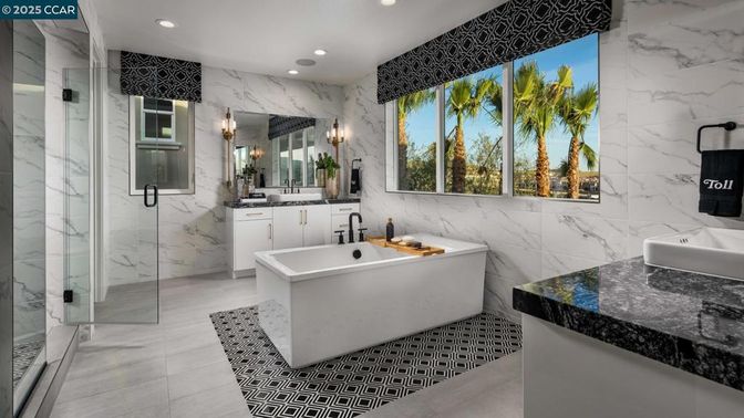Bathroom, Dual Sink Vanities, Glass Shower, Interior, Marble Walls, Recessed Lighting