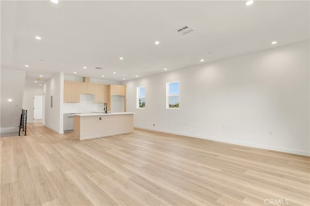 Empty room, Interior, Kitchen, Recessed Lighting, Wood Texture Flooring