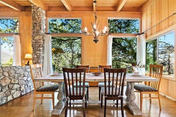 Chandelier, Dining room, Interior, Stone Walls, Wooden Beams, Wooden Ceilings, Wood Texture Flooring, Wooden Walls