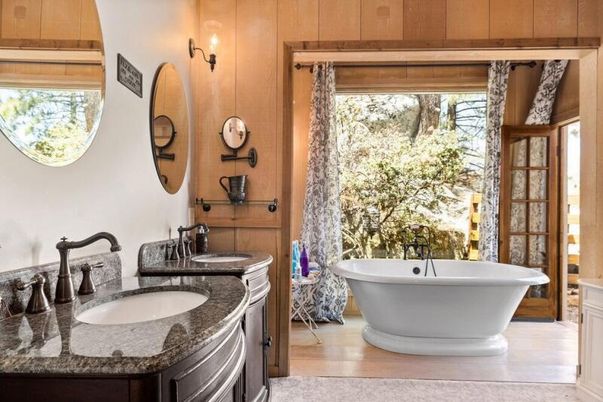 Bathroom, Dual Sink Vanities, Free Standing Baths, Interior, Wood Texture Flooring