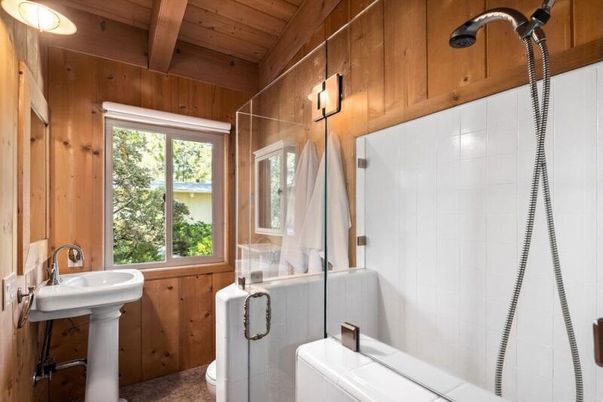 Bathroom, Glass Shower, Interior, Tile Countertops, Wooden Beams, Wooden Ceilings, Wooden Walls