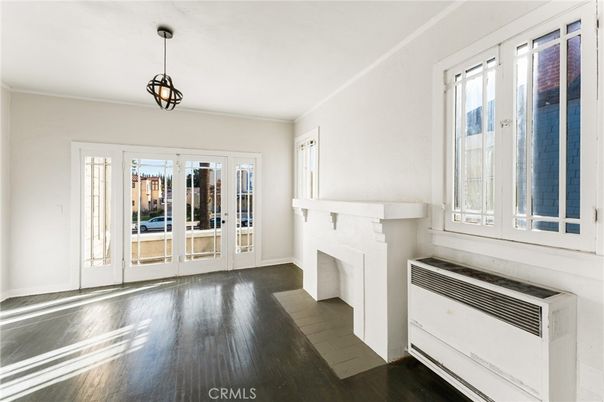 Empty room, Fireplace, Interior, Pendant Lights, Wood Texture Flooring
