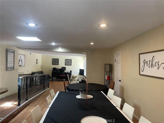 Dining room, Interior, Living room, Recessed Lighting, Wood Texture Flooring
