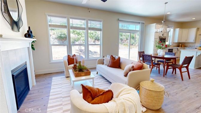 Dining room, Fireplace, Interior, Kitchen, Living room, Pendant Lights, Recessed Lighting, Wood Texture Flooring