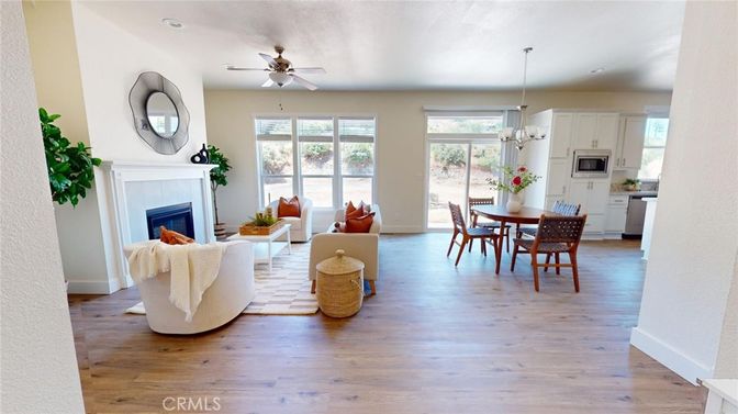 Dining room, Fireplace, Interior, Kitchen, Living room, Pendant Lights, Wood Texture Flooring