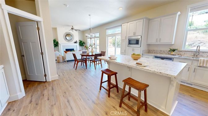 Dining room, Fireplace, Interior, Kitchen, Pendant Lights, Recessed Lighting, Wood Texture Flooring