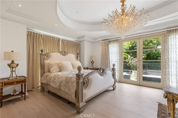 Bedroom, Chandelier, Interior, Recessed Lighting, Wood Texture Flooring