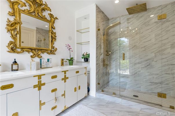 Bathroom, Dual Sink Vanities, Glass Shower, Interior, Marble, Marble Walls, Recessed Lighting