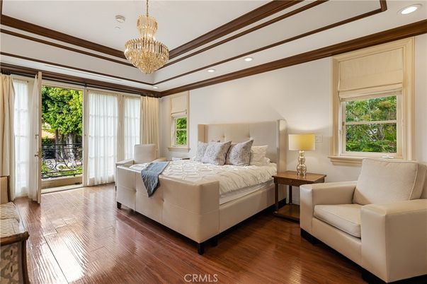 Bedroom, Chandelier, Interior, Recessed Lighting, Wood Texture Flooring