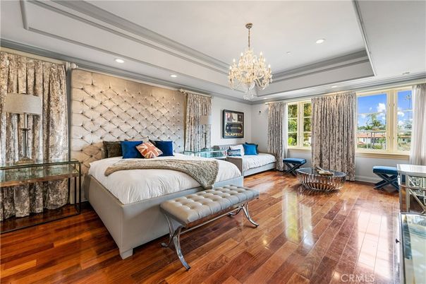 Bedroom, Chandelier, Interior, Recessed Lighting, Wood Texture Flooring