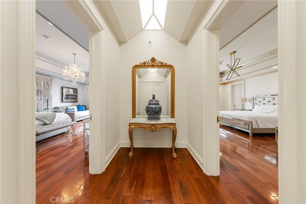 Bedroom, Chandelier, Interior, Wood Texture Flooring
