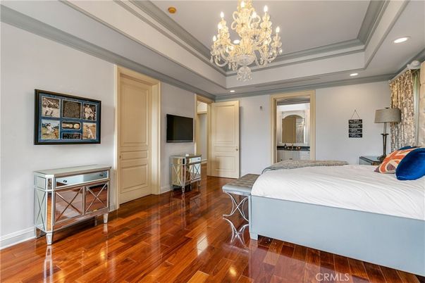 Bedroom, Chandelier, Interior, Recessed Lighting, Wood Texture Flooring