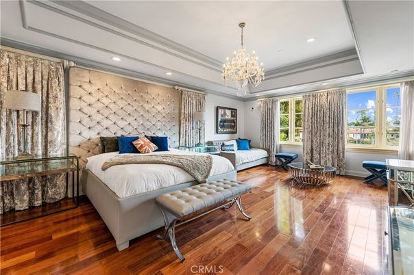 Bedroom, Chandelier, Interior, Recessed Lighting, Wood Texture Flooring