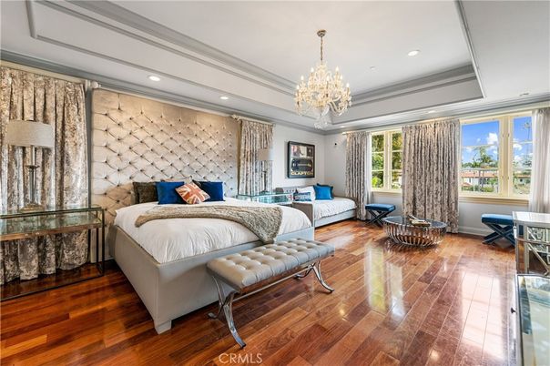 Bedroom, Chandelier, Interior, Recessed Lighting, Wood Texture Flooring