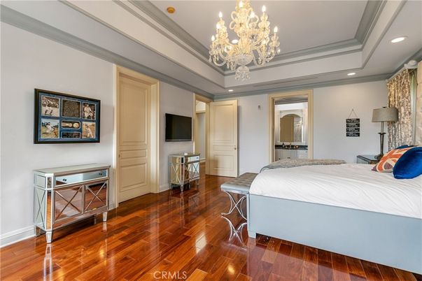 Bedroom, Chandelier, Interior, Recessed Lighting, Wood Texture Flooring