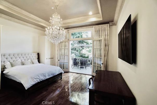 Bedroom, Chandelier, Interior, Recessed Lighting, Wood Texture Flooring