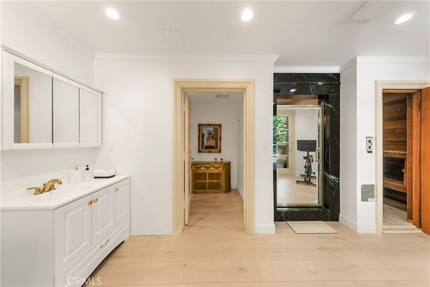 Bathroom, Interior, Marble Walls, Recessed Lighting, Sauna Room