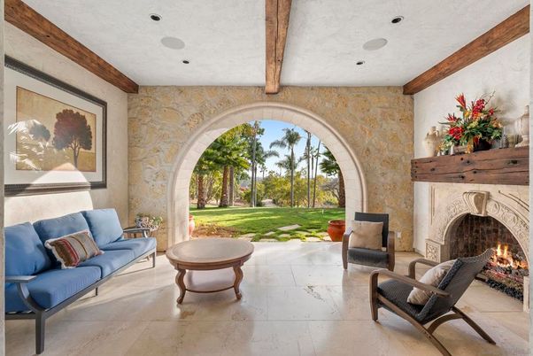 Fireplace, Interior, Recessed Lighting, Stone Walls, Wooden Beams