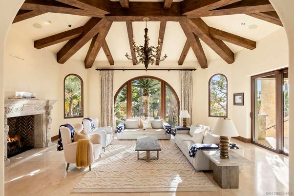 Chandelier, Fireplace, Interior, Living room, Recessed Lighting, Wooden Beams