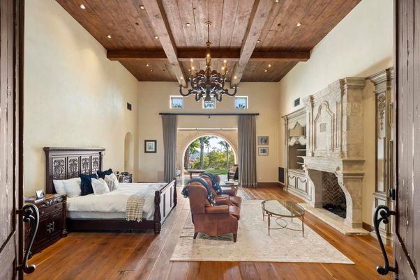 Bedroom, Chandelier, Fireplace, Interior, Recessed Lighting, Wooden Beams, Wooden Ceilings, Wood Texture Flooring