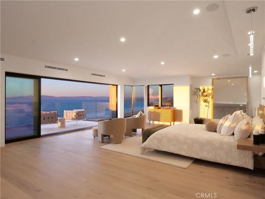Bedroom, Interior, Pendant Lights, Recessed Lighting, Water, Wood Texture Flooring