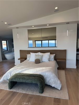 Bedroom, Interior, Pendant Lights, Recessed Lighting, Water, Wood Texture Flooring