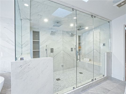 Bathroom, Glass Shower, Interior, Marble Walls, Recessed Lighting