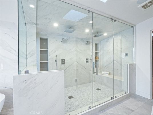Bathroom, Glass Shower, Interior, Marble Walls, Recessed Lighting