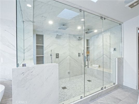 Bathroom, Glass Shower, Interior, Marble Walls, Recessed Lighting
