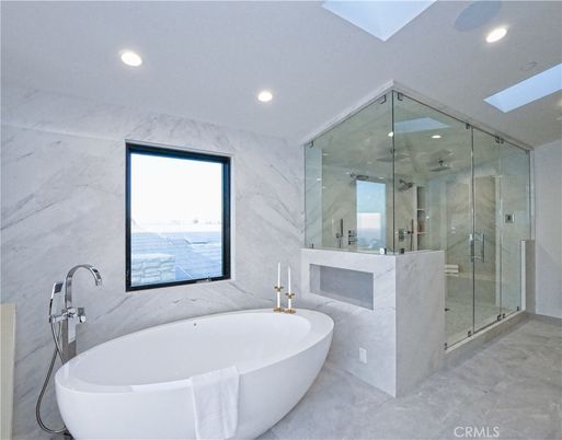 Bathroom, Free Standing Baths, Glass Shower, Interior, Marble Walls, Recessed Lighting