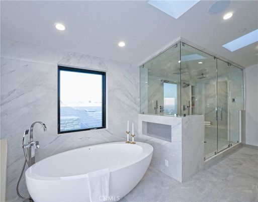 Bathroom, Free Standing Baths, Glass Shower, Interior, Marble Walls, Recessed Lighting