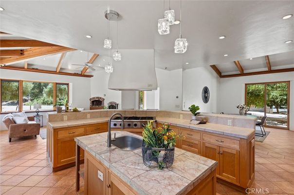 Dining room, Interior, Kitchen, Pendant Lights, Recessed Lighting, Tile Countertops, Wooden Beams