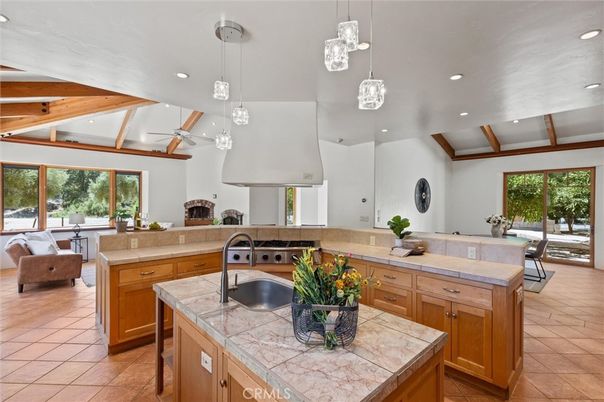 Dining room, Interior, Kitchen, Pendant Lights, Recessed Lighting, Tile Countertops, Wooden Beams