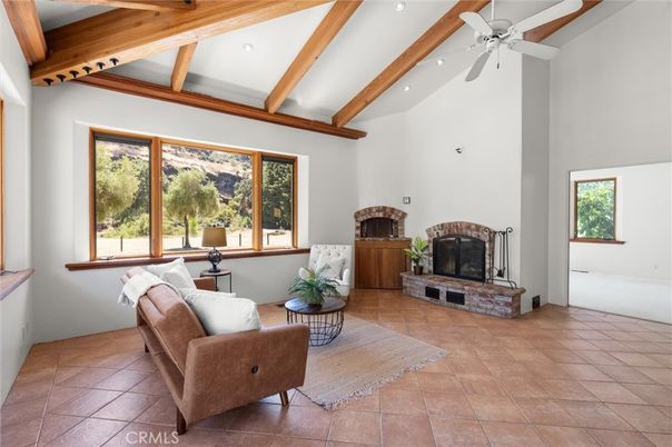 Fireplace, Interior, Living room, Recessed Lighting, Wooden Beams