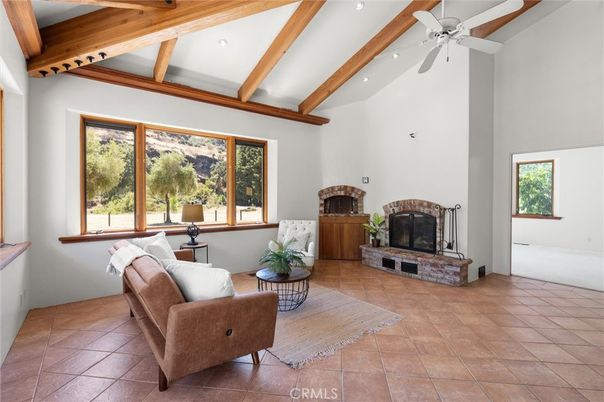 Fireplace, Interior, Living room, Recessed Lighting, Wooden Beams