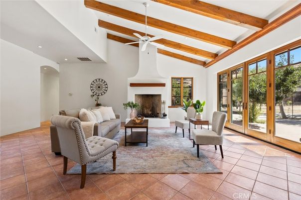 Fireplace, Interior, Living room, Recessed Lighting, Wooden Beams
