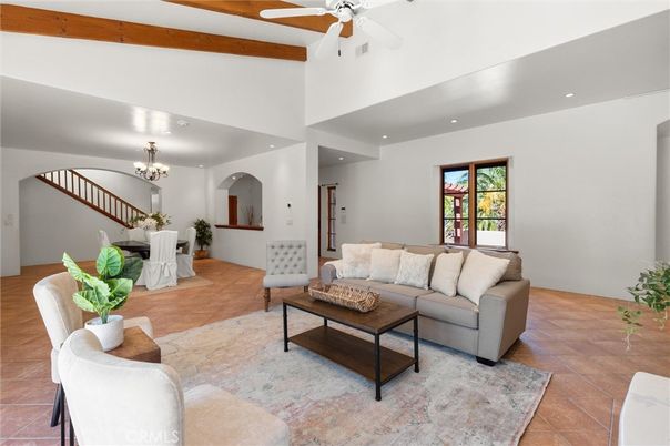 Chandelier, Dining room, Interior, Living room, Recessed Lighting, Wooden Beams