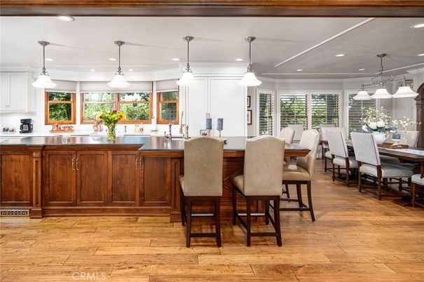 Dining room, Interior, Pendant Lights, Recessed Lighting, Wood Texture Flooring
