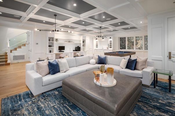 Billiard Table, Game Room, Interior, Living room, Pendant Lights, Recessed Lighting, Wood Texture Flooring