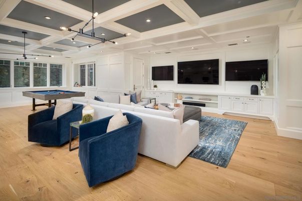 Billiard Table, Game Room, Interior, Living room, Pendant Lights, Recessed Lighting, Wood Texture Flooring