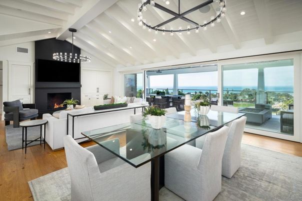Dining room, Fireplace, Interior, Living room, Pendant Lights, Recessed Lighting, Water, Wood Texture Flooring