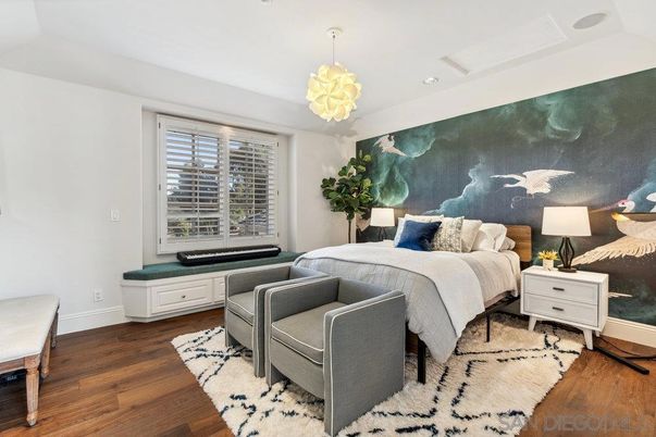 Bedroom, Interior, Pendant Lights, Recessed Lighting, Wood Texture Flooring