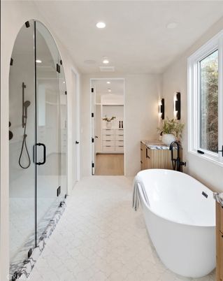 Bathroom, Free Standing Baths, Glass Shower, Interior, Recessed Lighting, Wood Texture Flooring