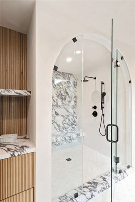 Bathroom, Glass Shower, Interior, Marble, Marble Walls, Recessed Lighting