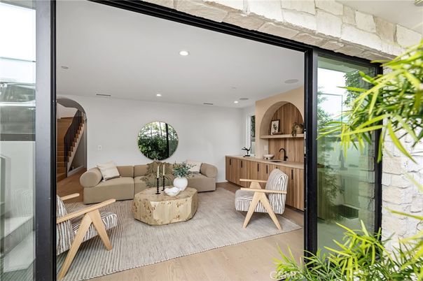 Interior, Living room, Recessed Lighting, Stone Walls, Wood Texture Flooring