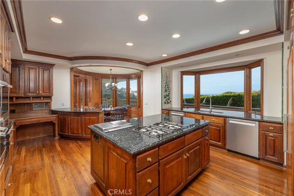 Chandelier, Dining room, Interior, Kitchen, Recessed Lighting, Water, Wood Texture Flooring