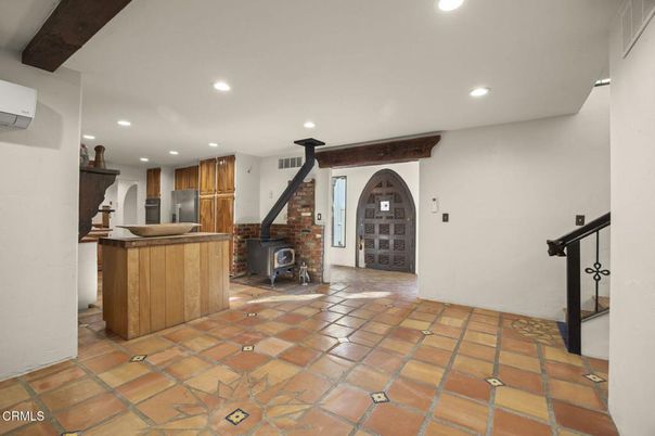 Fireplace, Interior, Kitchen, Recessed Lighting, Stone Walls, Wooden Beams