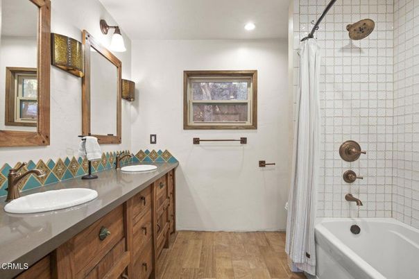 Bathroom, Dual Sink Vanities, Interior, Recessed Lighting, Wood Texture Flooring