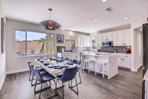 Dining room, Interior, Kitchen, Pendant Lights, Recessed Lighting, Wood Texture Flooring